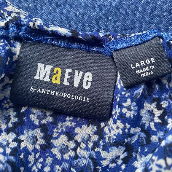 Maeve Cropped Peasant Top Blouse L Blue Floral Ruffled Smocked Cottage Romantic - Picture 6 of 10